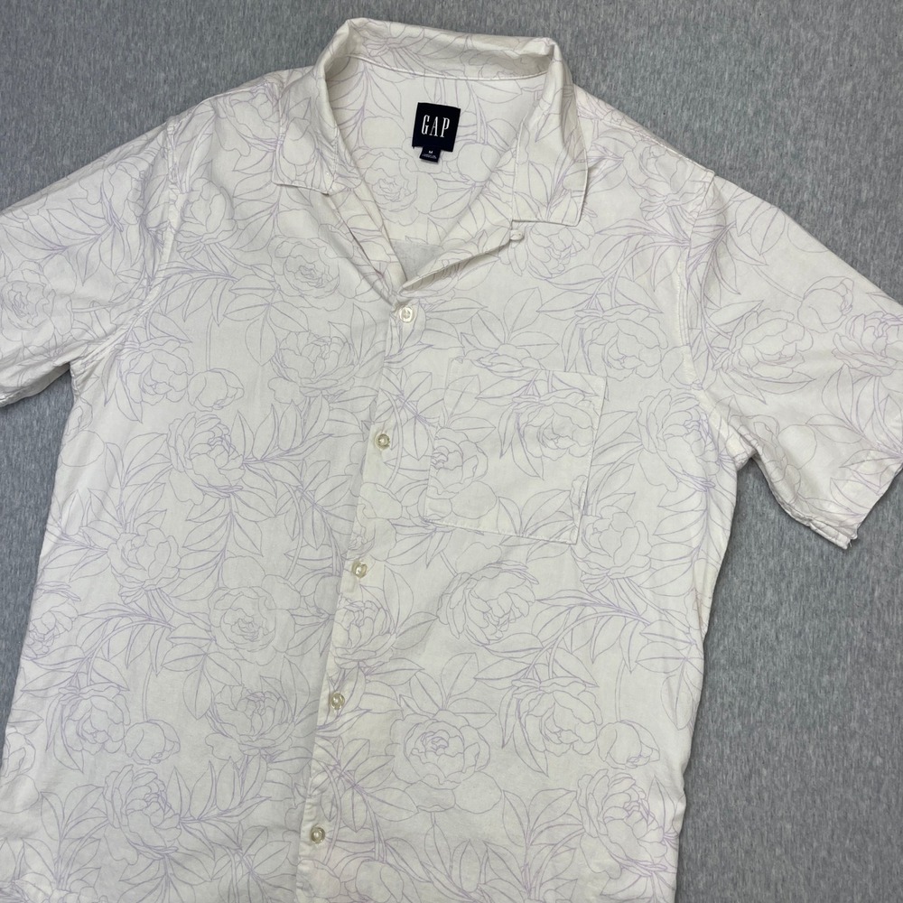 Gap Shirt Mens M Linen Blend Short Sleeve Floral White Purple Button-Down EUC - Picture 3 of 7